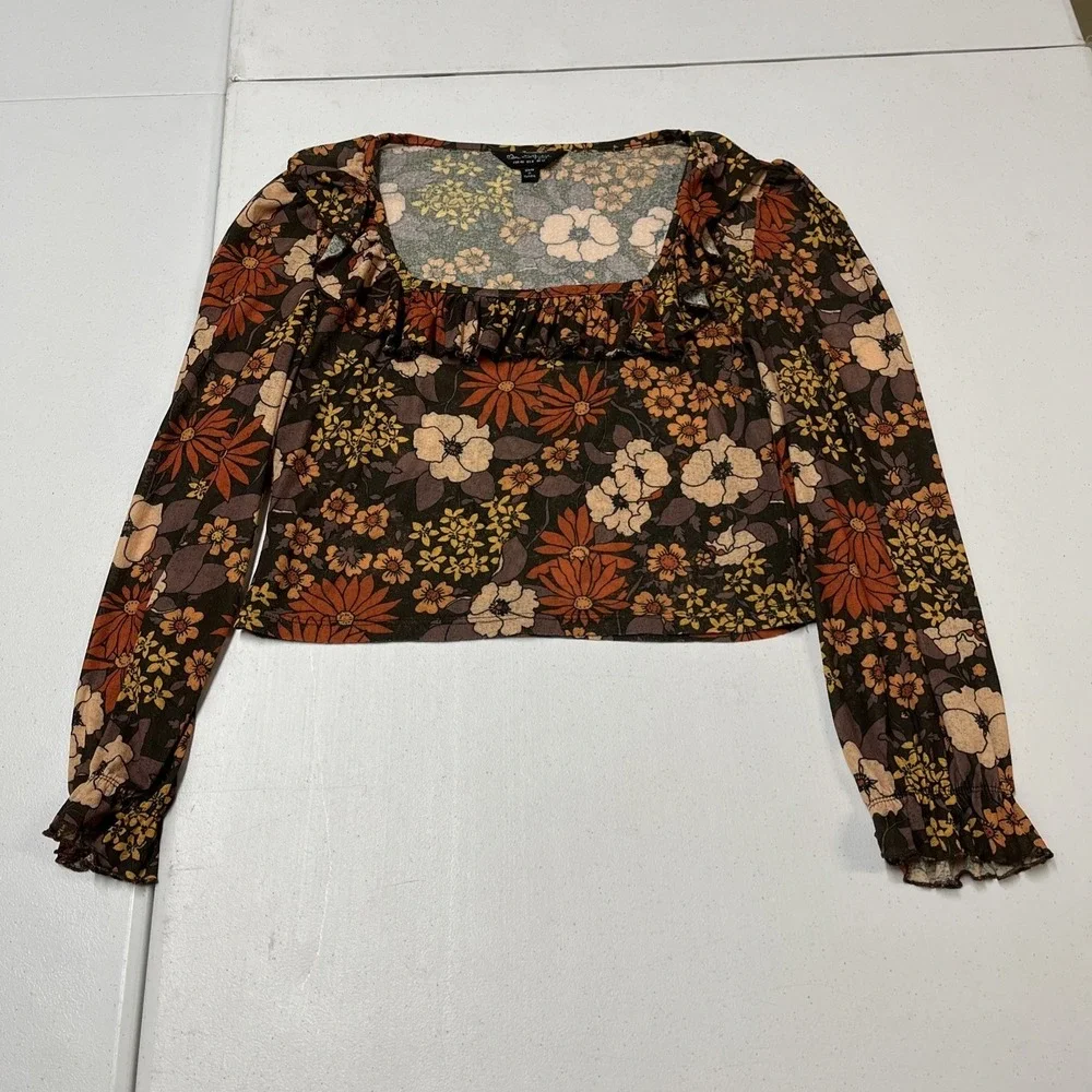 Miss Selfridge Top Brown Sheer Retro Floral Crop Size 8 Boho Hippie Festival - Picture 4 of 9